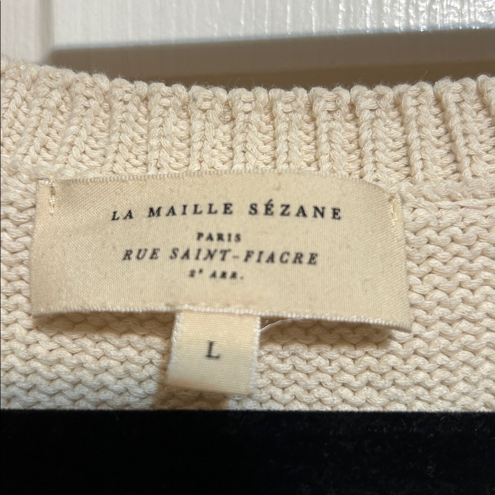 Sezane Striped Henley Pullover Sweater in Cream and Navy - Picture 2 of 6